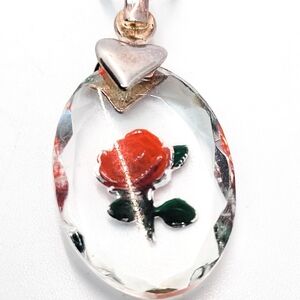 Reverse painted Rose on crystal Milor Italy sterling silver pendant necklace